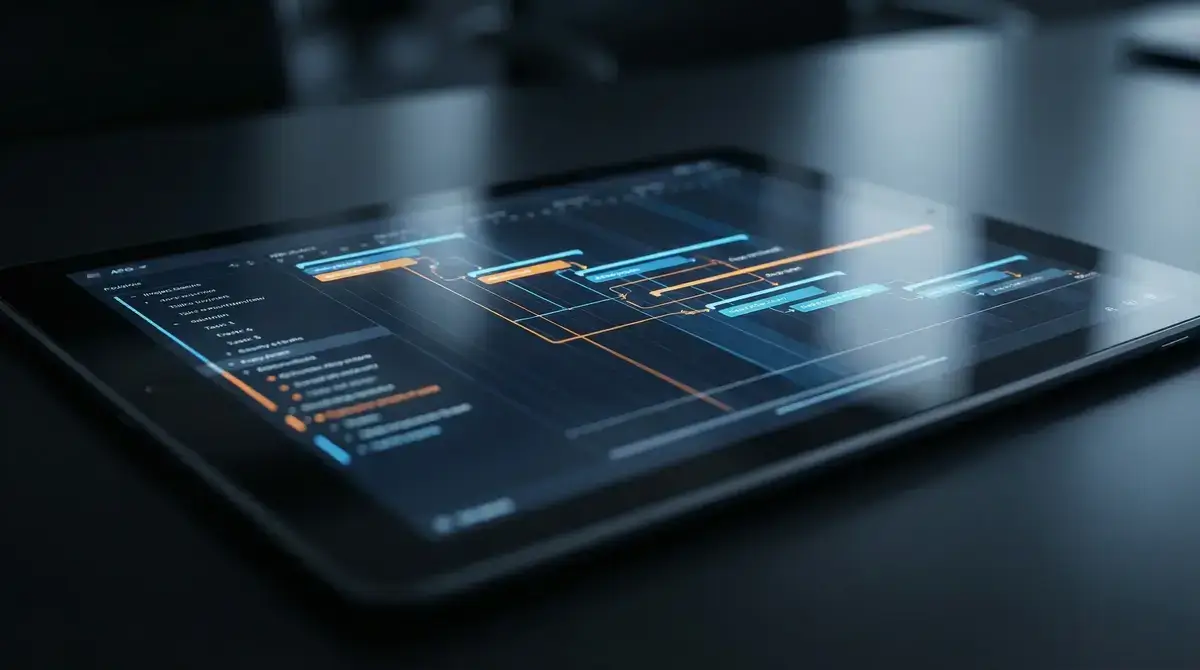 Cinematic close-up of a digital Gantt chart, macro photography style with shallow depth of field, minimalist abstract lines, glowing data streams, dark mode aesthetic, premium UI design