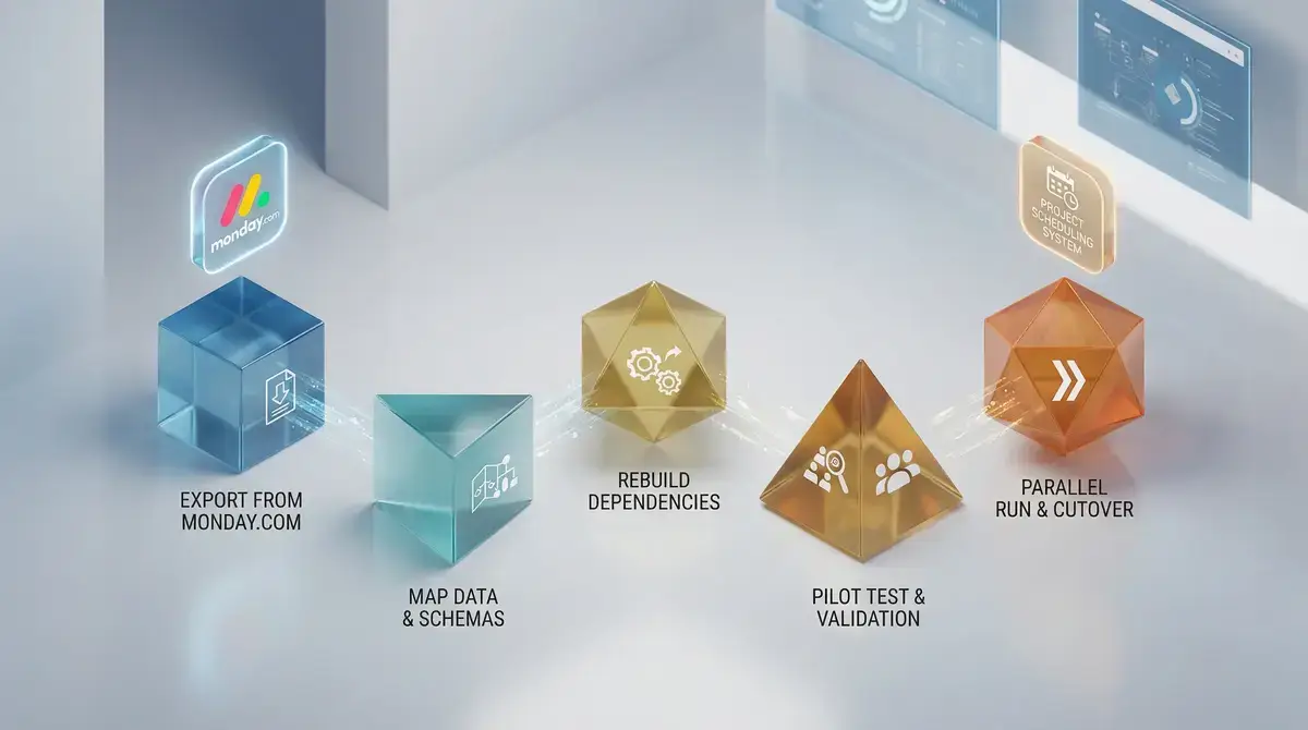 Abstract geometric flowchart, isometric 3D shapes, soft gradients, clean architectural lighting, minimalist data migration concept, cinematic composition