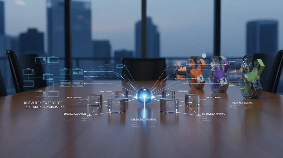 Abstract cinematic visualization of a scheduling dashboard, translucent glassmorphism interface, glowing neon accents, deep shadows, bokeh background, 8k resolution, project management conceptual art