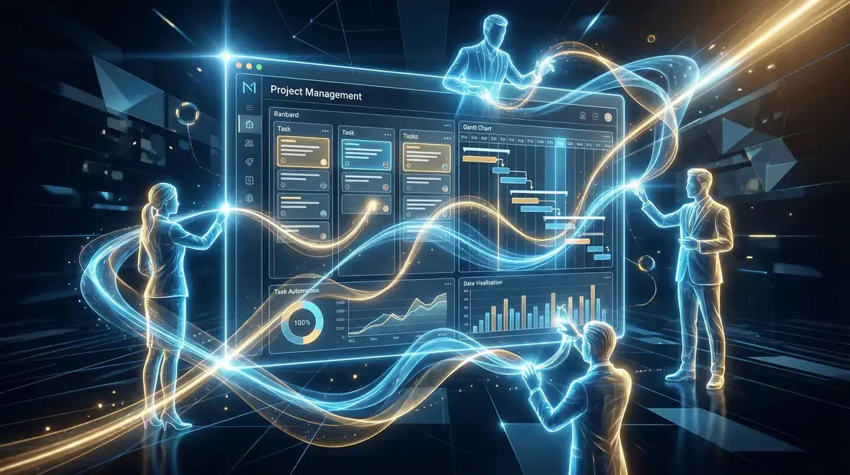 Abstract representation of team collaboration, interconnected light paths, fluid dynamic shapes, high-contrast lighting, futuristic conceptual digital art, sleek and professional